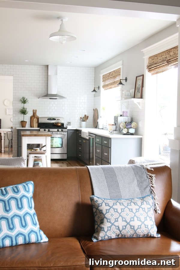 February Home Refresh: Leather, Copper & Wood Styling Tips 4 Leather Sofa - Family Room and Kitchen - The Inspired Room