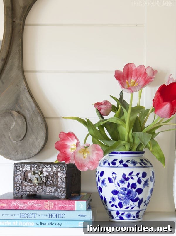 Create an Inspiration Board: Make Time and Space for You 3 Blue and white vase - pretty coral tulips - The Inspired Room