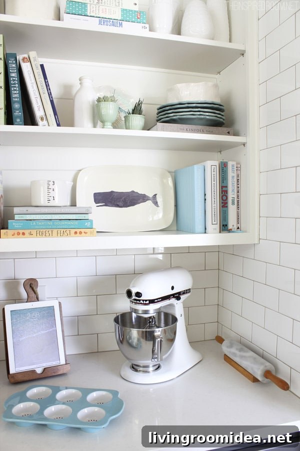 Layering White Paints: How to Mix Shades for Cohesive Rooms 3 The Inspired Room Kitchen Open Shelves - Baking Station
