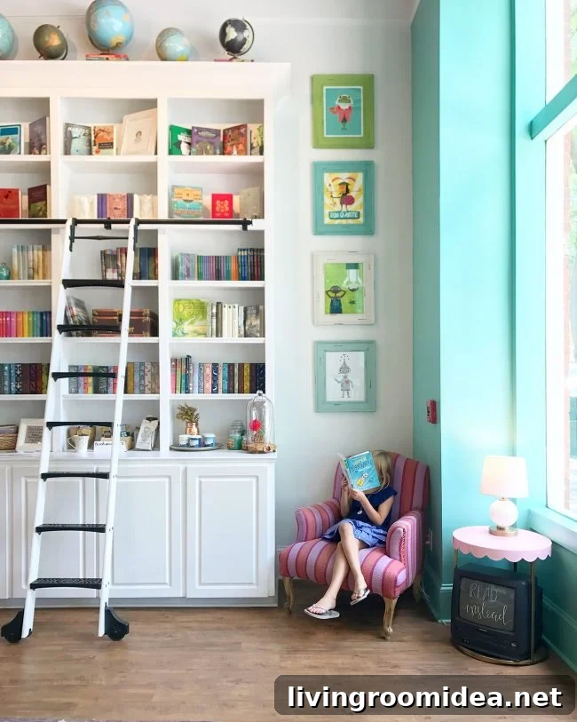 kids room ideas colorful bookcase library ladder