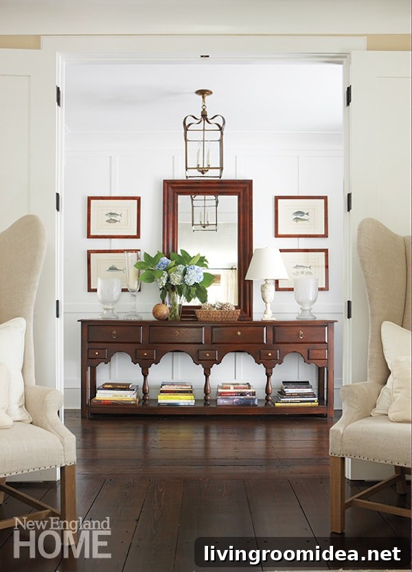 5 Design Takeaways from a Charming Martha's Vineyard Home 7 Wood Entry Console Table - Takeaway Tips - House Tour - Photo by Michael Partenio | Design by Dudley Cannada