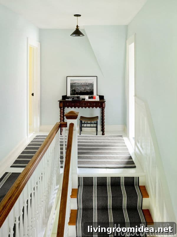 Shaker Style Cottage House Tour - Stairway with Gray and White Runner