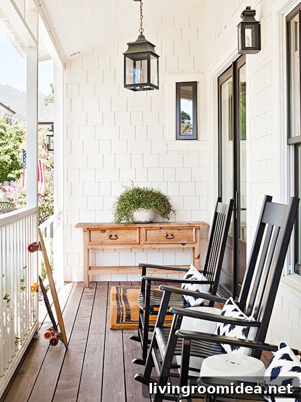 Four Outdoor Living Spaces: Design Tips and Takeaways 3 Front Porch Design - White Shingles and Black Lanterns