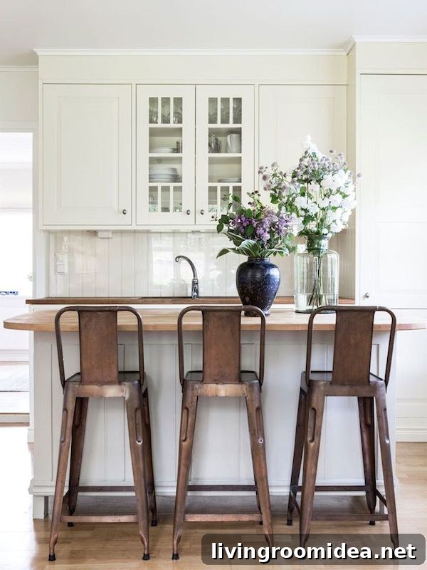 White Kitchen with Copper Barstools - Summer Cottage in Sweden