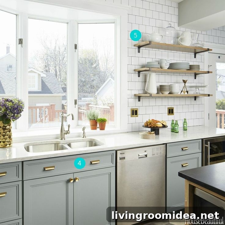 Gray and White Kitchen Design Ideas for Timeless Style 3 Gray White Wood and Brass Kitchen - Open Shelves
