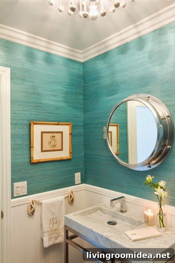 Grasscloth-Inspired Decor: Texture Ideas for Walls and Rooms 13 Turquoise Grasscloth Bathroom - Brittney Nielsen Interior Design