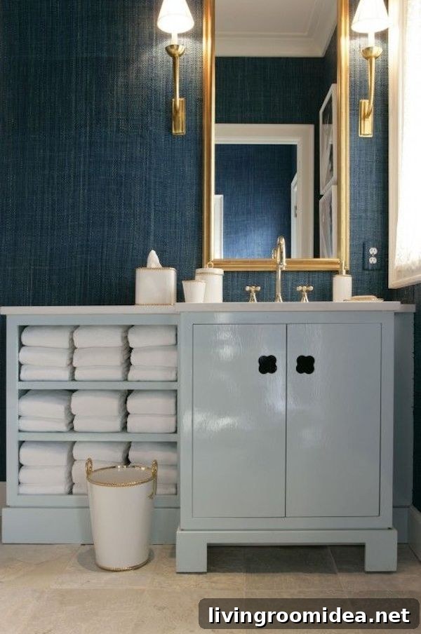 Grasscloth Wallpaper Ideas Inspired by Natural Textures 8 Dark Blue Grasscloth Bathroom