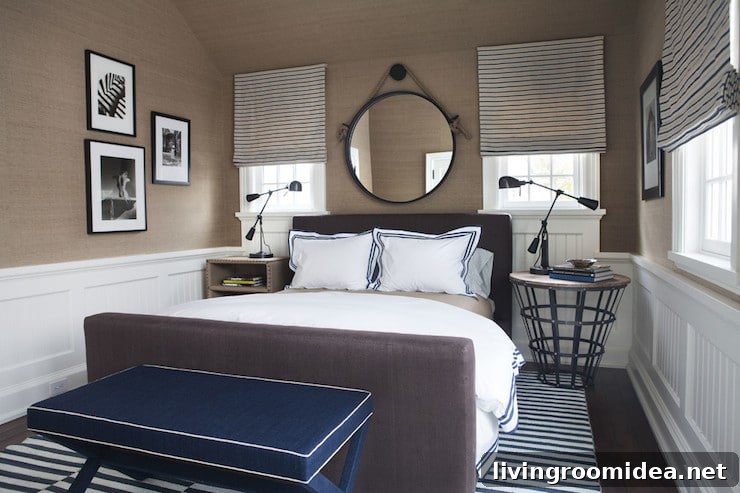 Grasscloth Wallpaper Ideas Inspired by Natural Textures 10 Bedroom with grasscloth wallpaper and navy accents - SB Long Interiors