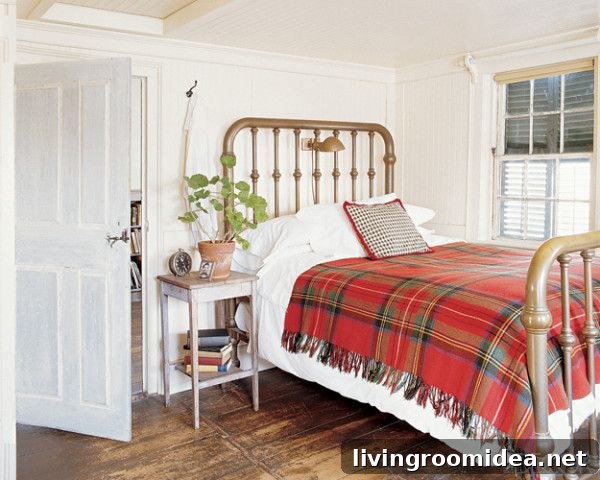 Cozy Fall Plaid and Buffalo Check Decor Ideas 2 White Bedroom with Brass Bed and Red Plaid Blanket