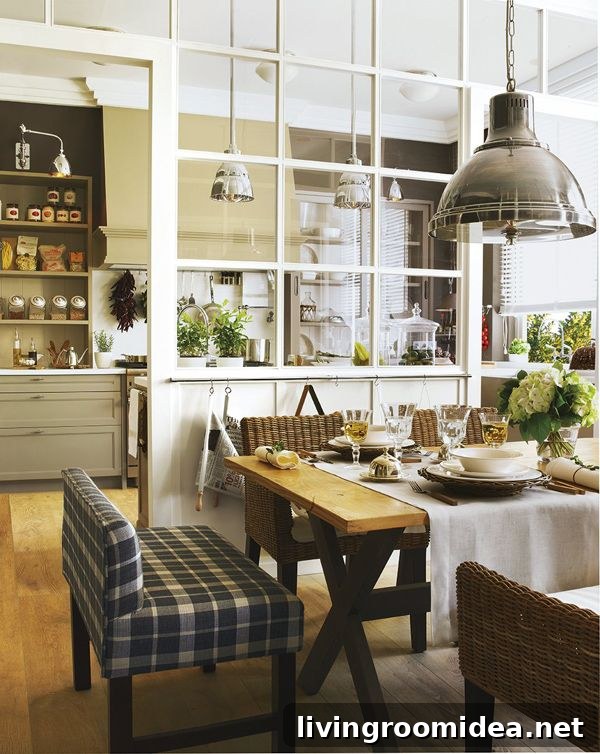 Kitchen and Dining Room with Glass Partition - Plaid Bench