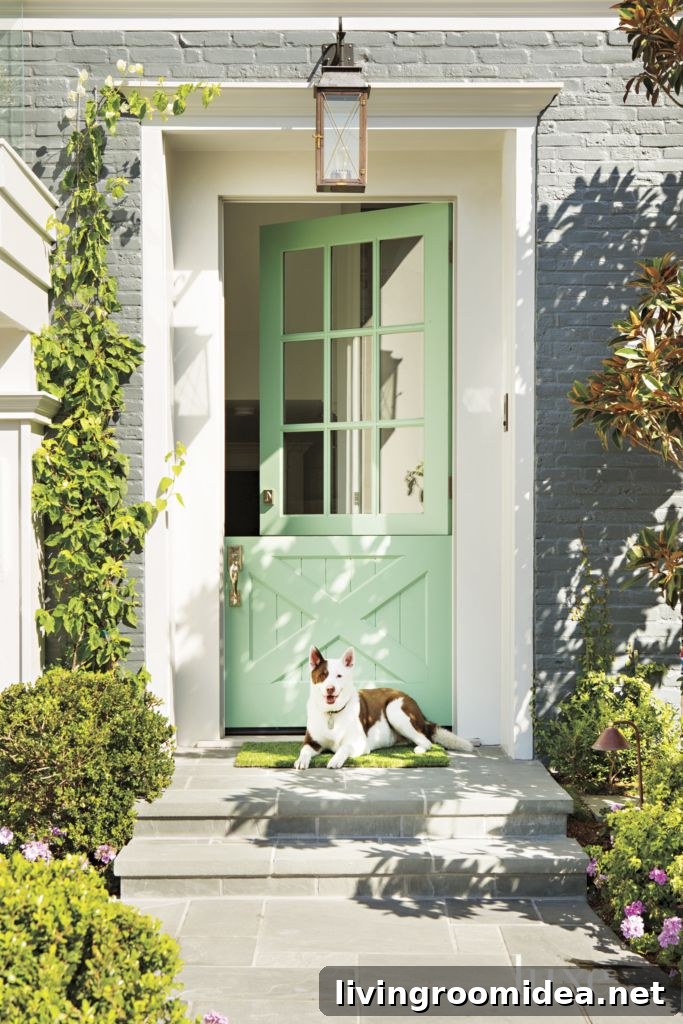Mint Green Dutch Door - Pretty Gray Painted Brick House