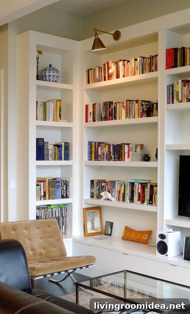 Built In Bookshelves with Brass Lights - Hudson Cabinetry and Design
