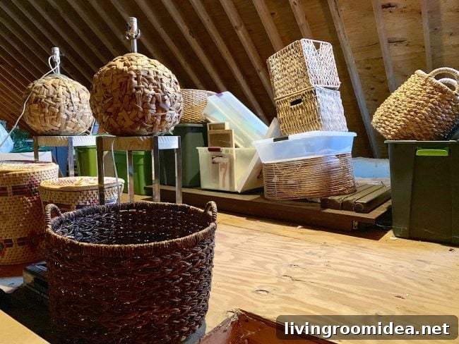 Wall of baskets stacked in attic storage
