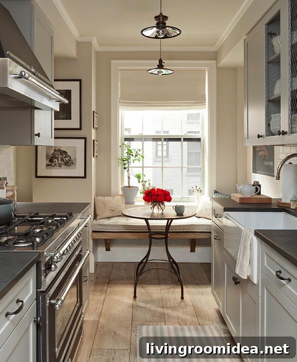 Galley Kitchen with Window Seat and Cafe Table - Jenny Wolf Interiors