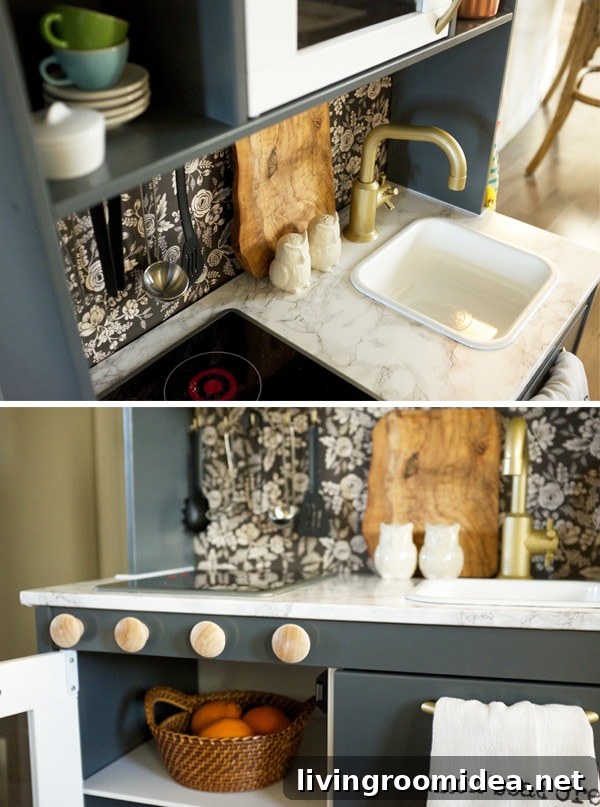 Play Kitchen Renovation Ideas: Transform Your Child’s Pretend Kitchen 6 Play Kitchen Renovation - DIY Ikea Duktig Hack - by Cassie at The Inspired Room