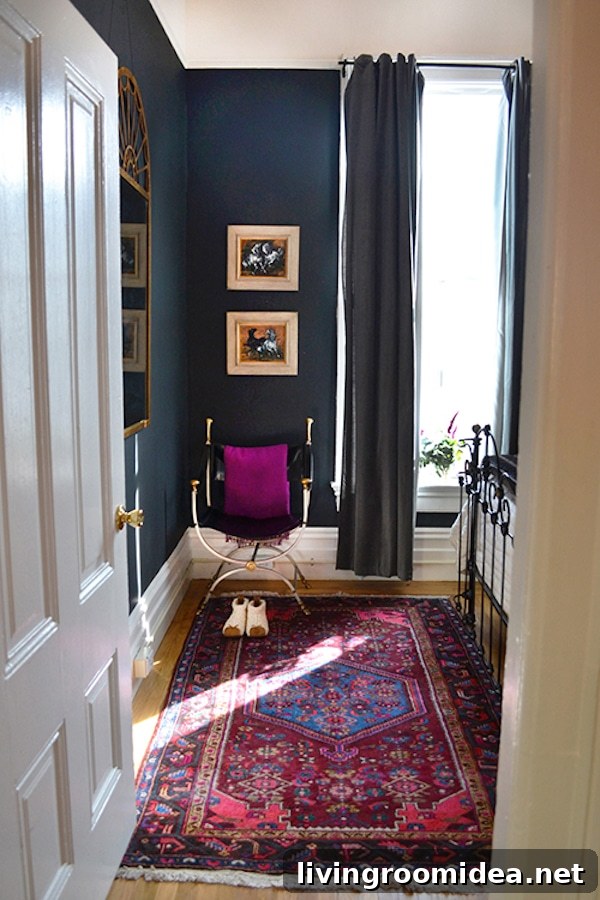 Moody Blue Bedroom with Colorful Persian Rug