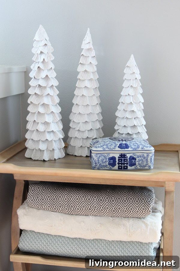 Simple Christmas Decorating - White Ruffle Trees and Cozy Blankets