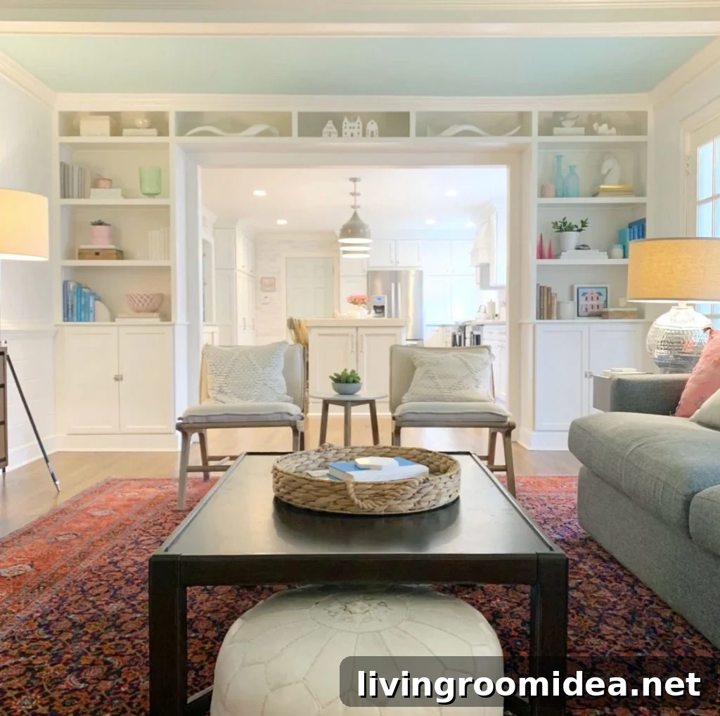 Living Room With Built In Bookcases and Wood Coffee Table