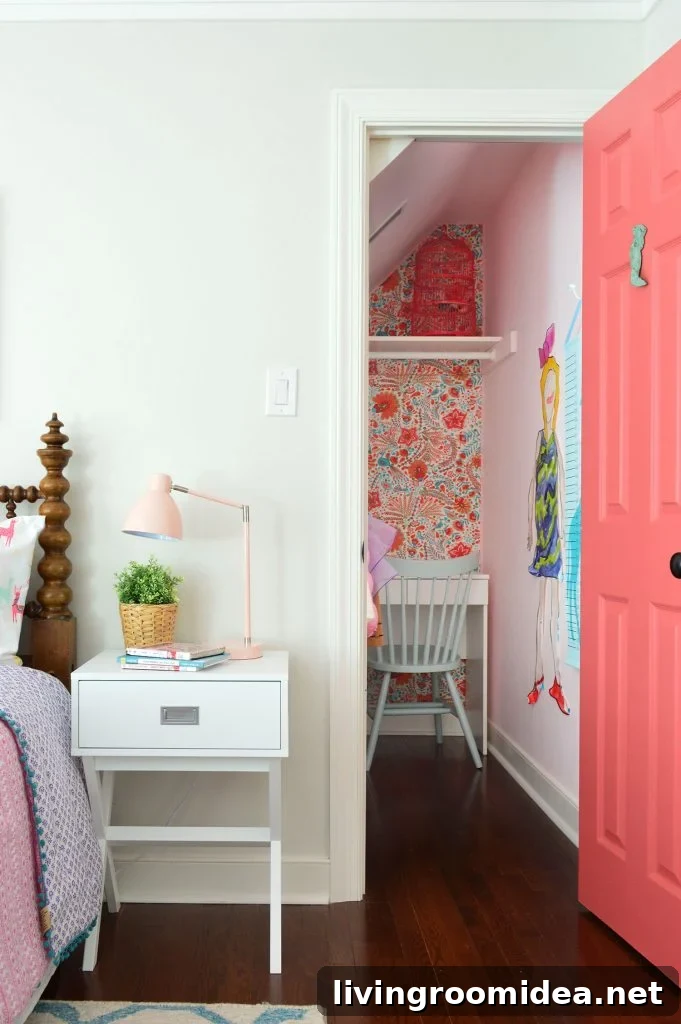 girls bedroom closet pink door wallpaper