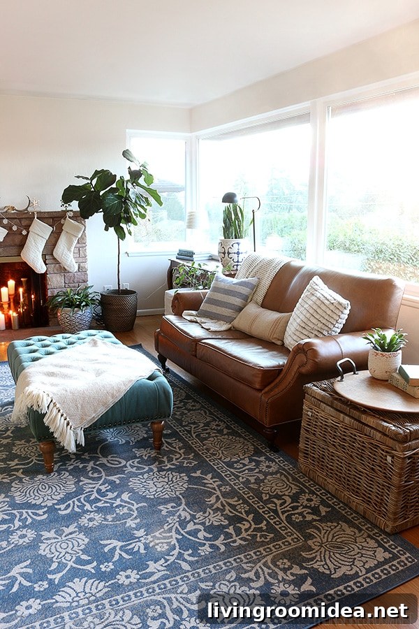 Cozy Christmas Living Room Decor: New Rug & Holiday Update 3 The Inspired Room - Leather Loveseat