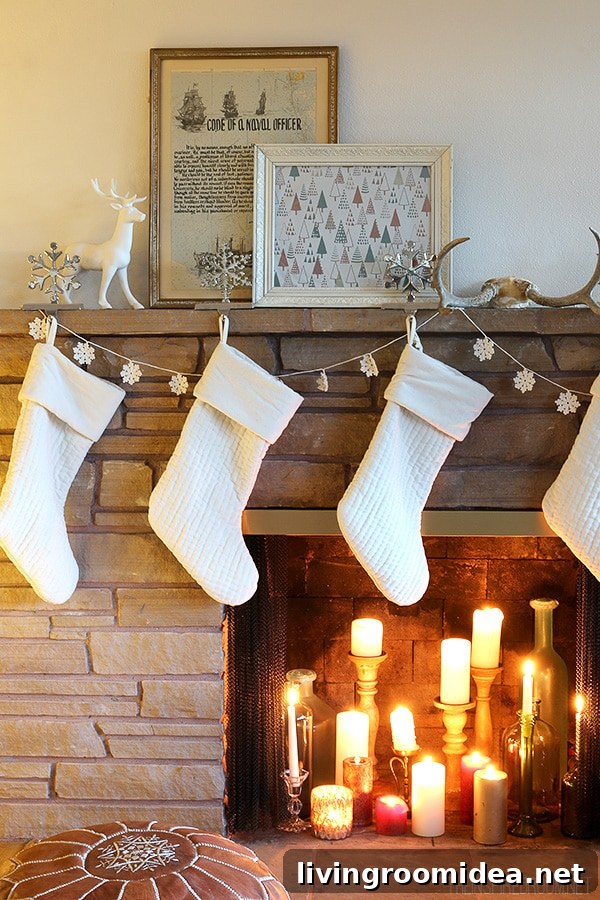 Cozy Christmas Living Room Decor: New Rug & Holiday Update 21 The Inspired Room - White Stockings and Candles in Fireplace