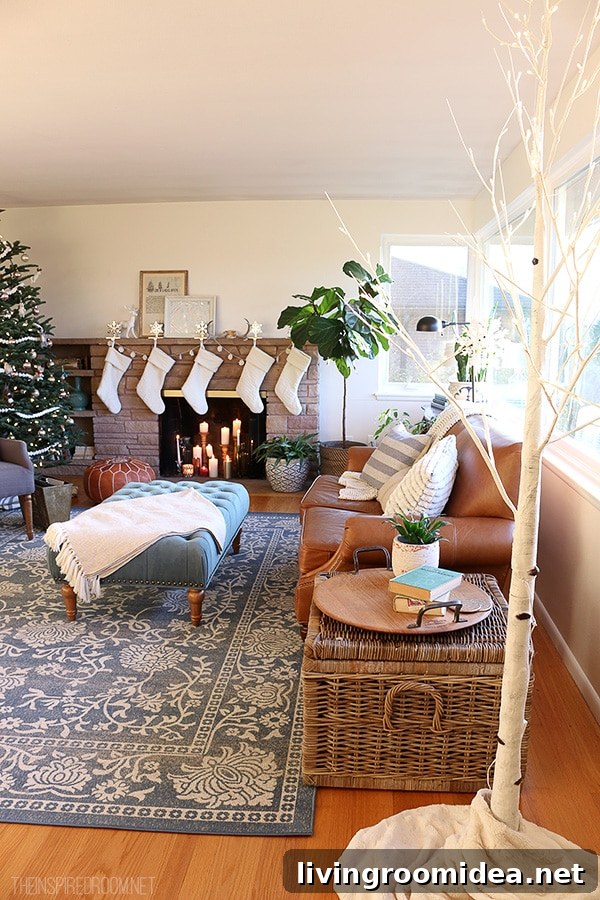 Cozy Christmas Living Room Decor: New Rug & Holiday Update 4 The Inspired Room - Winter Wonderland Birch Tree