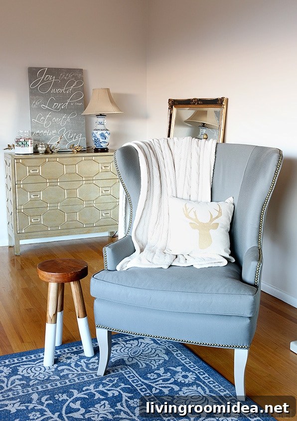 Cozy Christmas Living Room Decor: New Rug & Holiday Update 8 The Inspired Room - Gold Dresser and Gray Wingback
