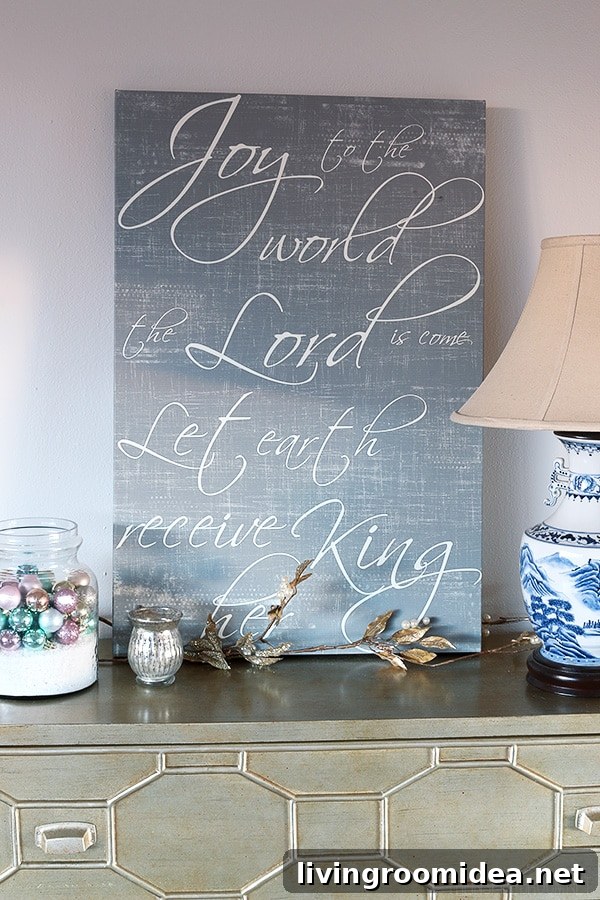Christmas Living Room Makeover: New Rug and Holiday Decor Update 9 The Inspired Room - Joy to the World Canvas by Red Letter Words