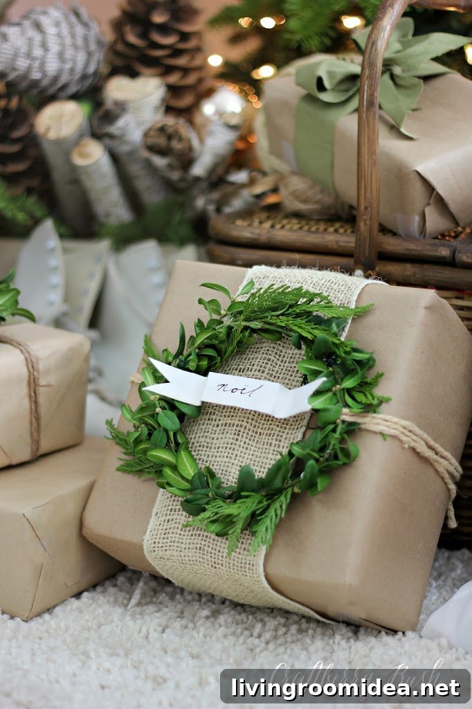 Creative Gift Wrapping Ideas, Tips & Tricks for Impressive Presents 7 Kraft Paper Burlap and Boxwood Wreath Gift Wrap - Craftberry Bush