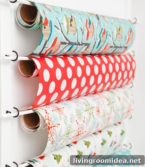 5 Organizing Projects to Kickstart Your New Year Routine 7 Gift Wrap Station - Wrapping Paper on Dowels and Cup Hooks