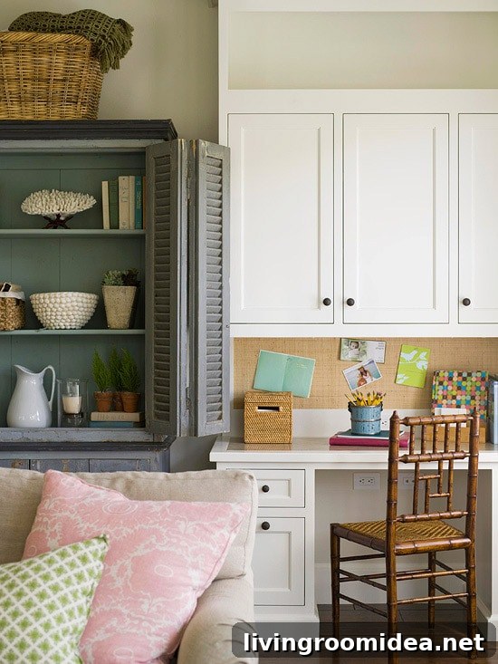 Functional Office Workspace with Built In Cabinets