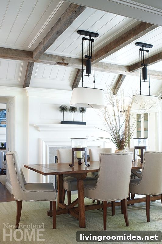 Coffered Ceiling - Gray Rustic Wood Beams - Dining Room with Fireplace