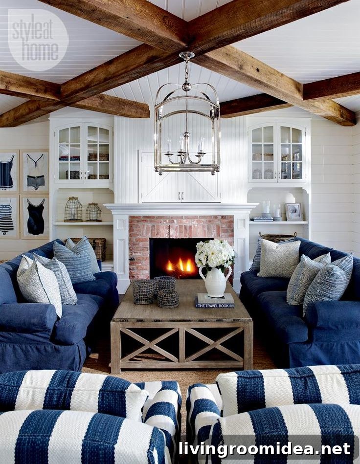 Coastal Living Room - Wood Beams At 45 Degree Angle Over White Beadboard
