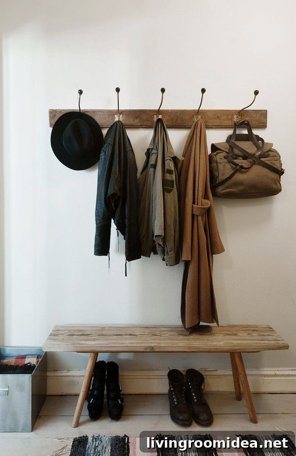Wood Entry Bench with Hooks Above