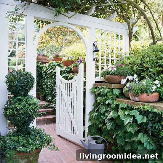 White Gate with Arbor - Brick Patio