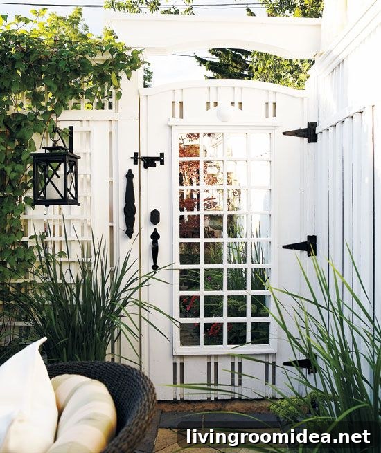 White Lattice Gate - Black Iron Hardware