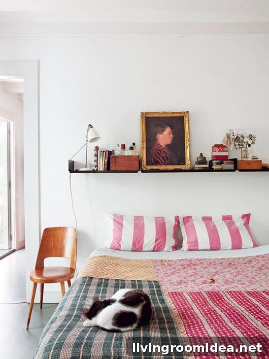 Bedroom with Pink Striped Pillows - Photo by Nuevo Estilo
