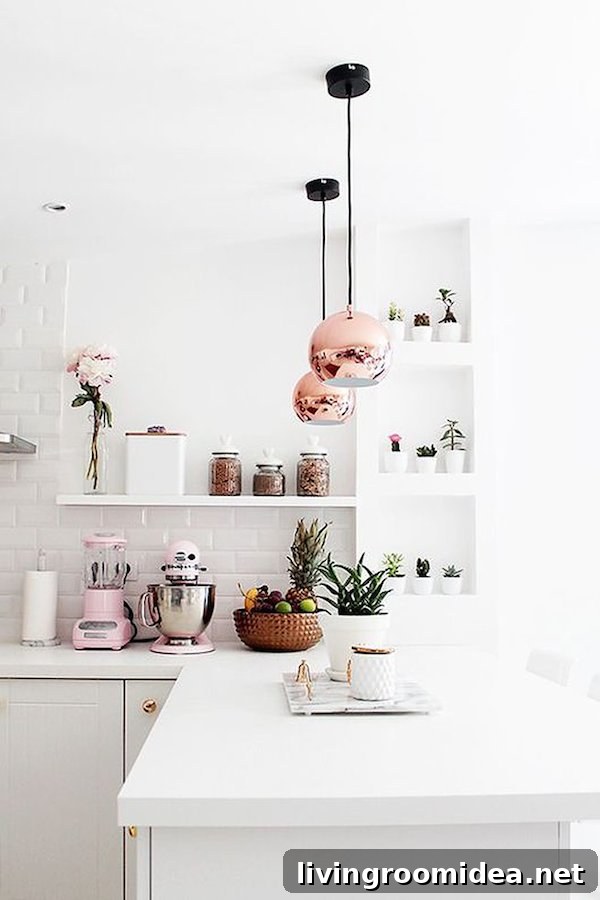 White Kitchen with Pale Pink Accents - Copper Pendant Lights