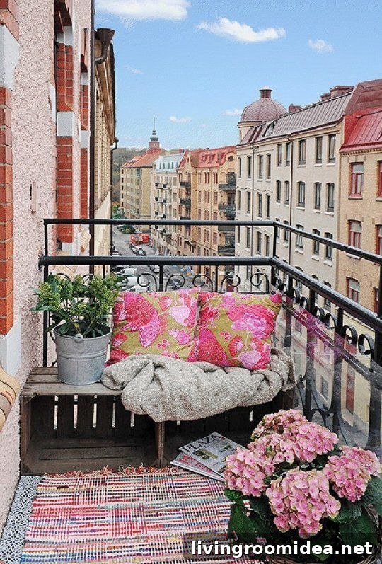 Small Apartment Balcony - Bench with Pink Patterned Pillows
