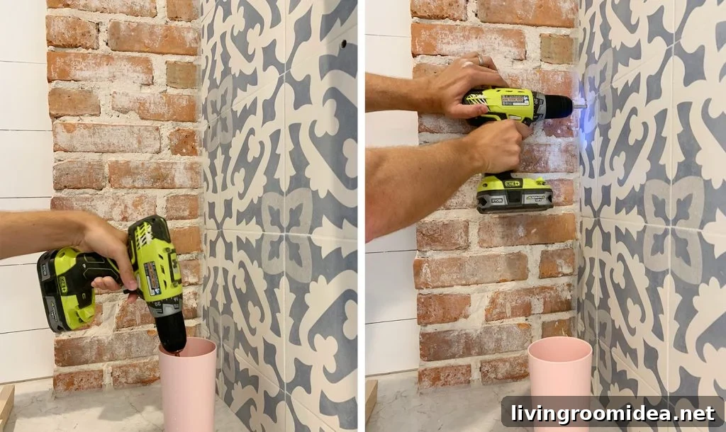 Dipping Drill Bit Into Cup of Water While Drilling Through Tile