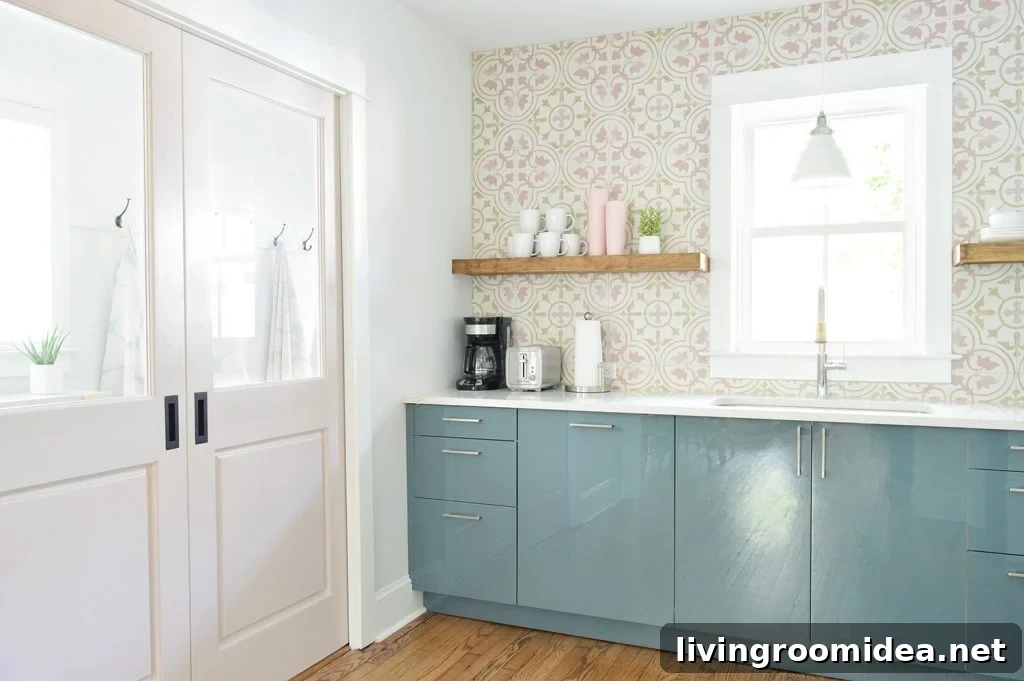 View Into Pink Mudroom From Blue Kitchen Pocket Doors Closed