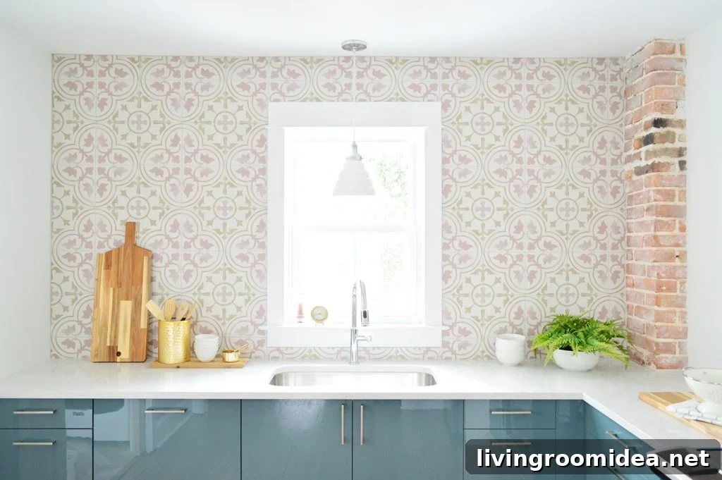 Pink Tile Bar Patterned Tile Installed In Blue Ikea Kitchen With Exposed Chimney