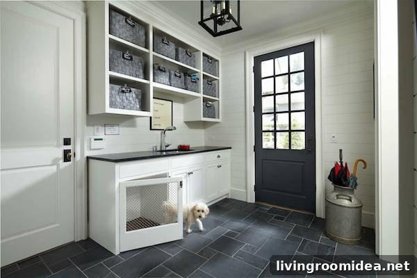 Mudroom with back door and sink - gray slate floors - Murphy and Co