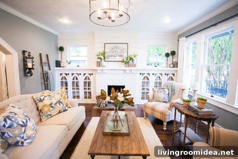 Painted brick fireplace with custom built ins