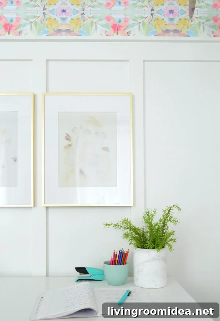 Board and Batten Tutorial: Step-by-Step Wall Installation Guide 5 Desk With Gold Frames Hung On White Board And Batten
