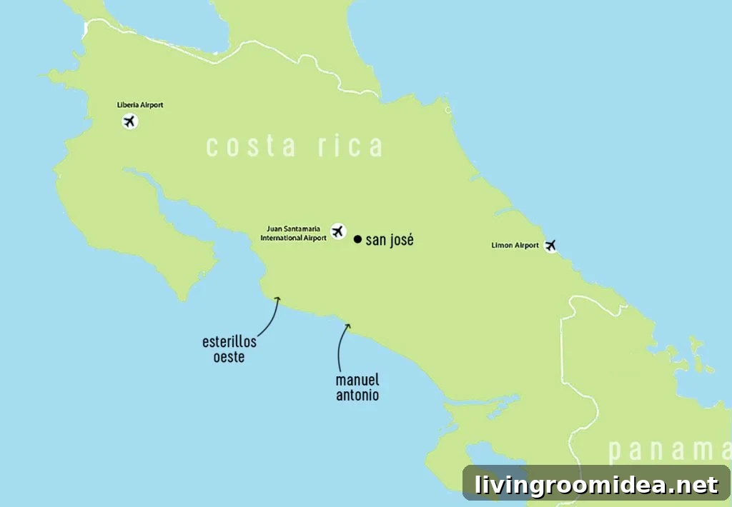 Costa Rica Map With Esterillos Oeste and Manuel Antonio labeled