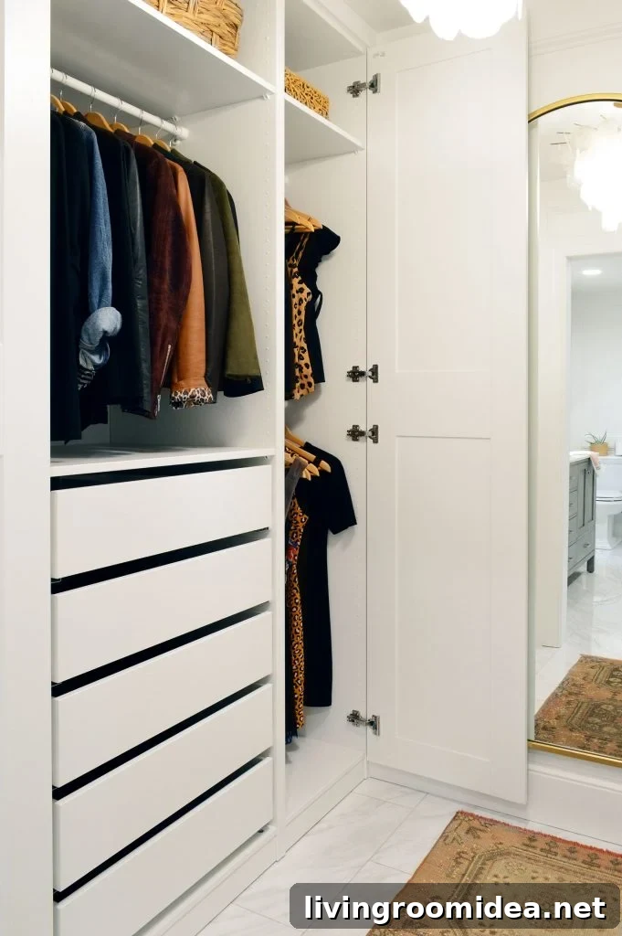 IKEA PAX Closet Makeover: Budget Breakdown + Video Tour 8 White Ikea Pax Closet With Three Hanging Bars And Drawers