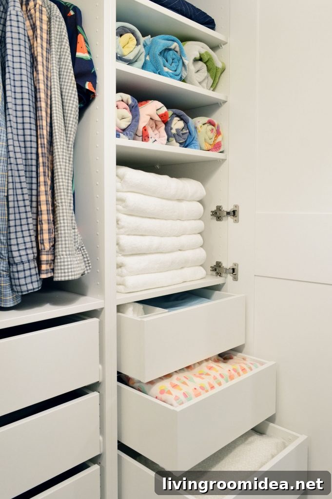 IKEA PAX Closet Makeover: Budget Breakdown + Video Tour 11 Linen Towel Storage On Shelves And Drawers In Ikea Pax Wardrobe