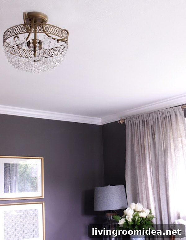 Master Bedroom Reveal: Black Frosted Plum Accent Walls Tour 6 Black Frosted Plum Wall Color - Dark and Cozy Bedroom from The Inspired Room - Semi Flush Mount Crystal and Brass Light