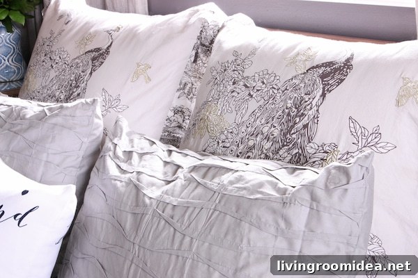 Master Bedroom Reveal: Black Frosted Plum Accent Walls Tour 10 Bedroom Pillows - The Inspired Room